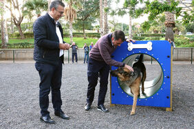 Dámaso Arteaga y el alcalde de la ciudad, José Manuel Bermúdez, observan cómo un ejemplar de pastor alemán recorre uno de los módulos de agility instalados en el nuevo parque canino de Las Delicias.