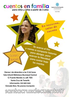 Cartel promocional de la actividad 'Cuentos en Familia', que desarrollará Laura Escuela este viernes en la Biblioteca Municipal Central.