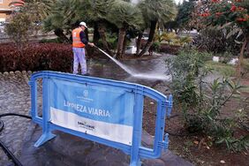 Detalle de la acción de limpieza desplegada esta semana en el ámbito de la plaza de los Cantos Canarios.