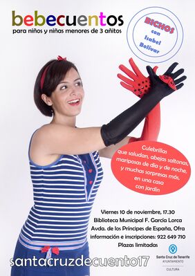 Cartel promocional de la sesión de Bebecuentos que desarollará la narradora Isabel Bolívar en la Biblioteca Municipal Federico García Lorca, en Ofra.